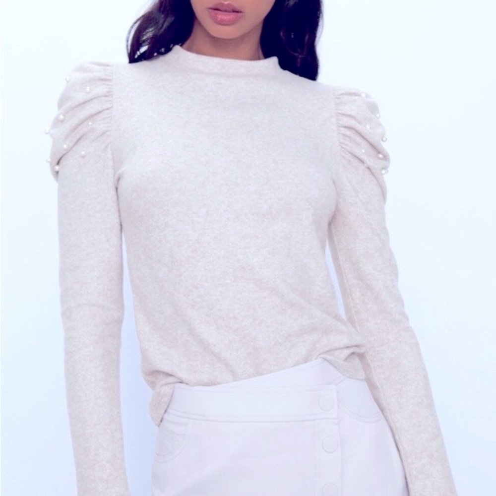 Zara Pearl Detail Puff Sleeve Sweater S